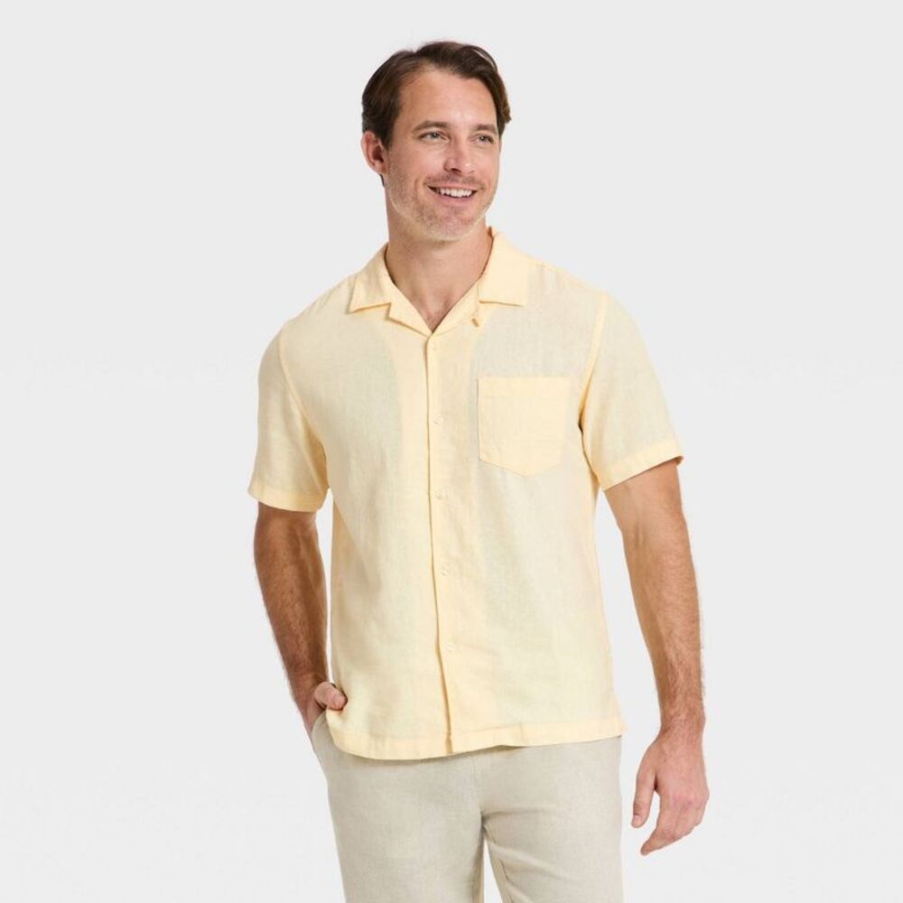 Men's Short Sleeve Linen Blend Camp Collar Button-Down Shirt -  Yellow S